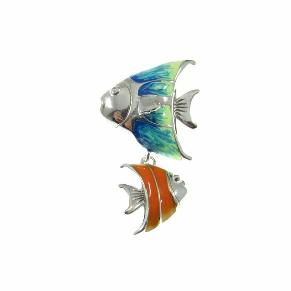 Solid 925 Sterling Silver and Enamel Pair of Fish Double Fishes Slide Pendant - Picture 8 of 8
